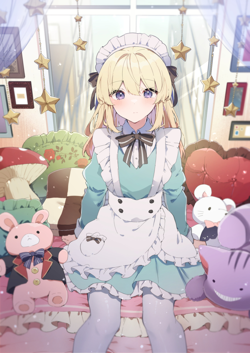 1girl absurdres alice_(alice_in_wonderland) alice_in_wonderland apron black_bow black_ribbon blonde_hair blue_dress blush bow candyfruit_(brand) closed_mouth copyright_request dress hair_bow hair_ribbon heart heart-shaped_pillow highres ikeuchi_tanuma long_hair looking_at_viewer maid maid_headdress pantyhose pillow purple_eyes ribbon sitting solo stuffed_animal stuffed_rabbit stuffed_mouse stuffed_toy waist_apron white_pantyhose