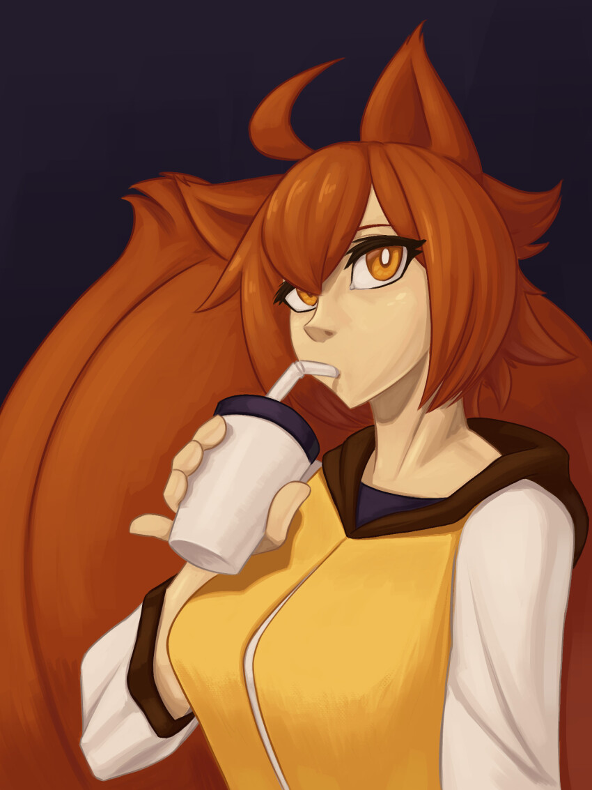 1girl animal_ears blazblue breasts brown_eyes brown_hair casual dark_background drinking ekkonus hood jacket large_breasts long_sleeves makoto_nanaya squirrel_ears squirrel_tail tail