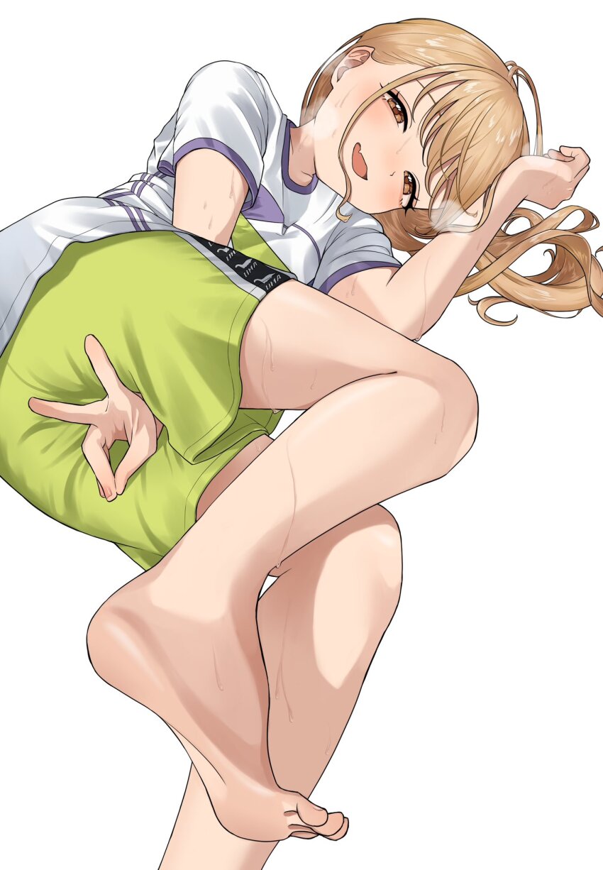 1girl barefoot between_legs blush brown_eyes brown_hair commentary_request fang feet foot_out_of_frame fujita_kotone gakuen_idolmaster green_shorts hand_between_legs hand_on_own_crotch highres idolmaster long_hair looking_at_viewer lying mameragi on_side parted_lips shirt shorts simple_background skin_fang solo sweat t-shirt v white_background
