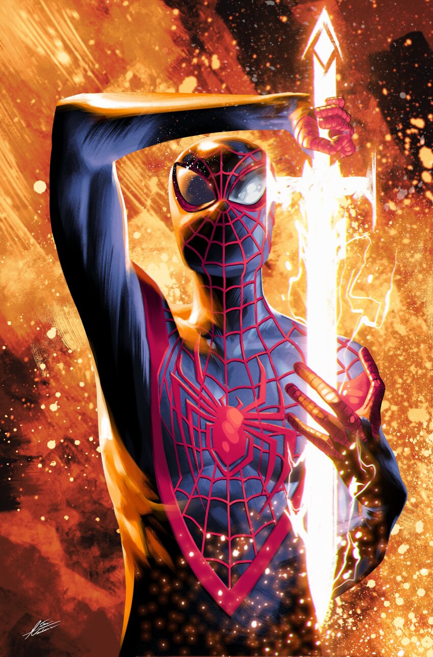 1boy absurdres black_bodysuit bodysuit glowing glowing_sword glowing_weapon highres holding holding_sword holding_weapon looking_at_viewer marvel miles_morales red_bodysuit signature solo spider-man_(miles_morales) spider-man_(series) sword tintanega two-tone_bodysuit upper_body weapon