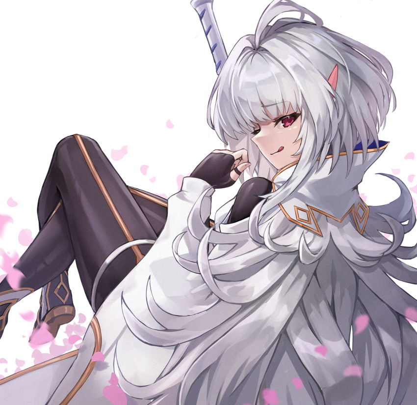 1girl ahoge black_pants breasts fate/grand_order fate_(series) highres licking_lips long_hair long_sleeves looking_at_viewer medium_breasts merlin_(fate/prototype) pants pointy_ears robe smile solo staff tongue tongue_out umeo_(pixiv51103813) very_long_hair white_hair white_robe wide_sleeves