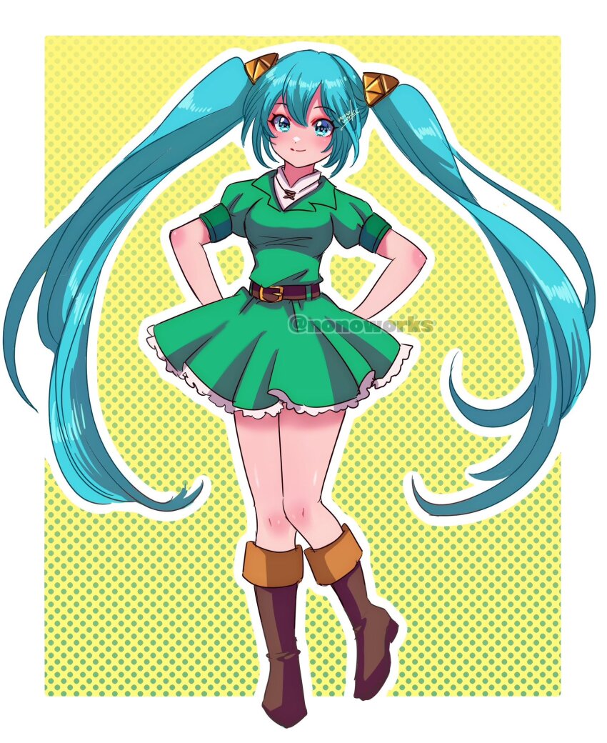 1girl alternate_costume aqua_eyes aqua_hair artist_name belt boots border brown_belt brown_boots dress green_dress hatsune_miku highres knee_boots long_hair looking_at_viewer nintendo nonoworks outline outside_border polka_dot polka_dot_background puffy_short_sleeves puffy_sleeves short_sleeves solo the_legend_of_zelda triforce twintails vocaloid white_border white_outline yellow_background