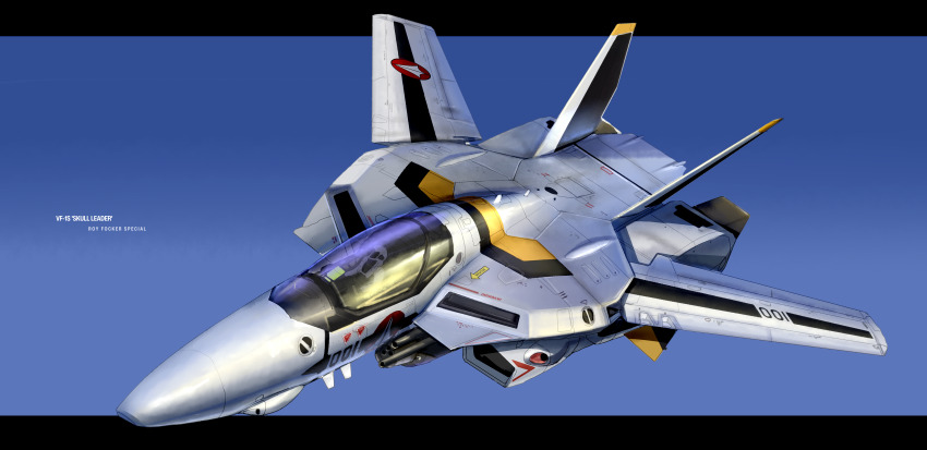 absurdres asterozoa blue_sky character_name choujikuu_yousai_macross english_text flying gunpod helmet highres macross macross:_do_you_remember_love? mecha pilot pilot_suit realistic robot roundel science_fiction sky u.n._spacy variable_fighter vehicle_focus vf-1 vf-1s