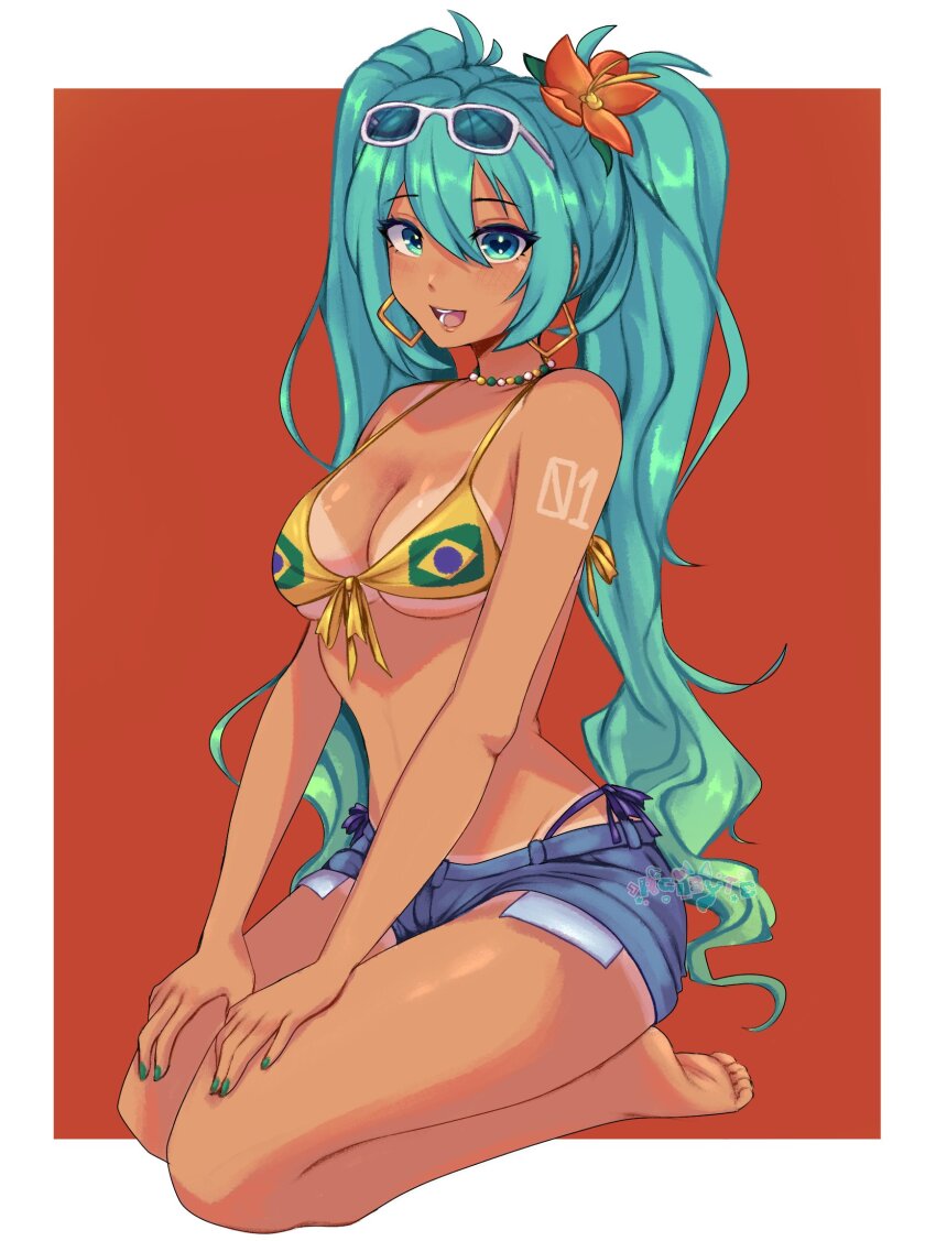 1girl bikini blue_hair brazil brazilian_flag brazilian_flag_print brazilian_miku cyan_eyes dark_skin earrings feet flag_print hatsune_miku highres jewelry nail_polish necklace rai_byte_(artist) shorts sunglasses sunglasses_on_head swimsuit tan tanline thighs twintails