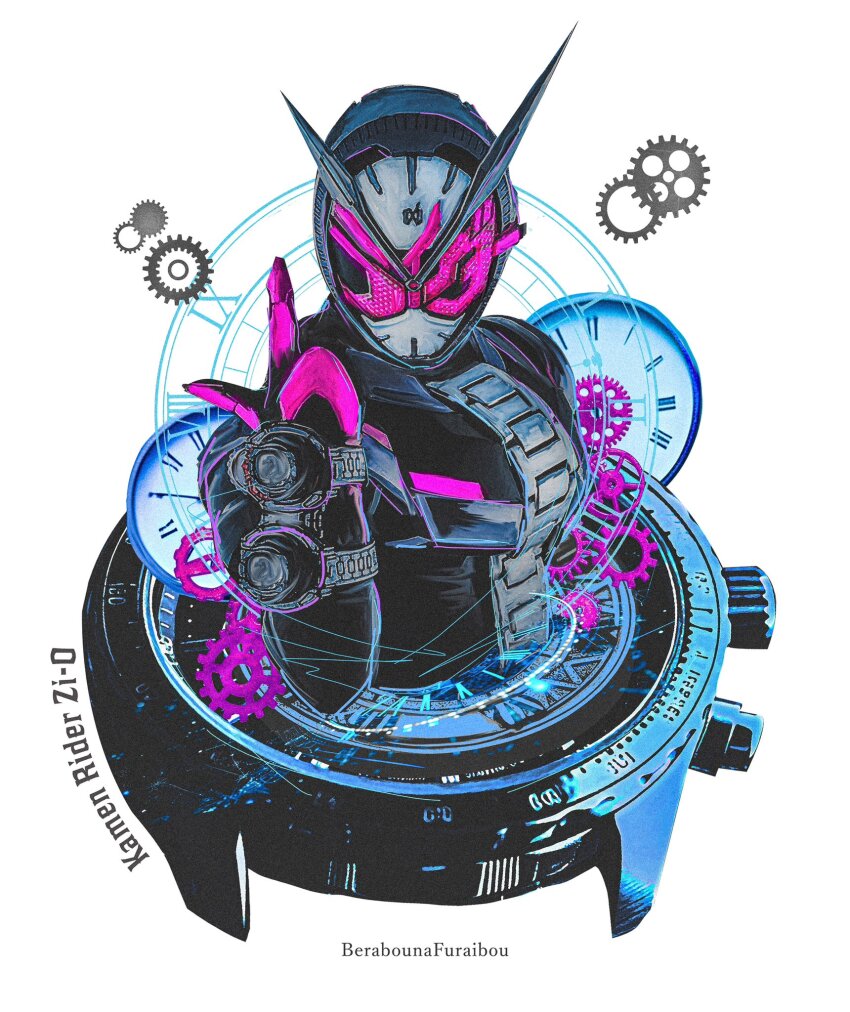 1boy analog_clock artist_name black_bodysuit bodysuit character_name clock clock_hands facing_viewer fake_horns gears hashtag-only_commentary helmet highres horned_helmet horns index_finger_raised kamen_rider kamen_rider_zi-o kamen_rider_zi-o_(series) male_focus obakelope0530 pointing pointing_up rider_watch simple_background solo tokusatsu upper_body v-fin white_background