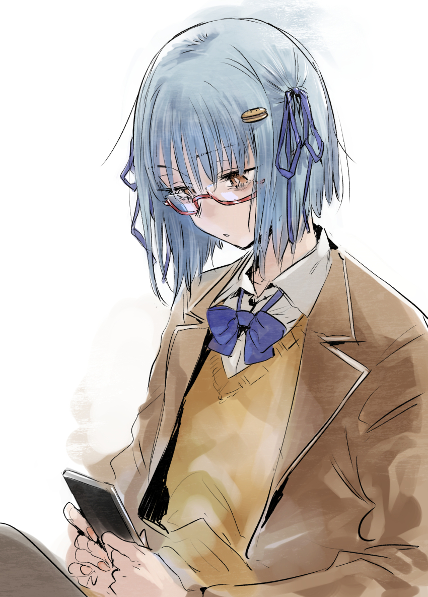 1girl blazer blue_bow blue_bowtie blue_ribbon borrowed_character bow bowtie brown_eyes brown_jacket brown_sweater cellphone collared_shirt commentary_request glasses hair_ornament hair_ribbon hairclip hamburger-chan_(hundredburger) highres holding holding_phone ikuhana_niiro jacket lapels long_sleeves looking_at_phone looking_down loose_bowtie original phone ribbon school_uniform semi-rimless_eyewear shirt simple_background smartphone solo sweater upper_body white_background white_shirt