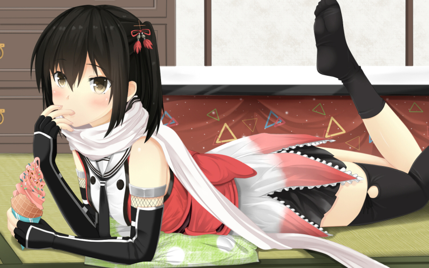 10s 1girl black_gloves black_hair black_skirt black_thighhighs blush breasts brown_eyes drawer female_focus fingerless_gloves food gloves grazelz hair_ornament ice_cream ice_cream_cone indoors kantai_collection long_hair looking_at_viewer lying on_stomach scarf sendai_(kancolle) sendai_kai_ni_(kancolle) single_sock single_thighhigh skirt small_breasts socks solo thighhighs waffle_cone white_scarf