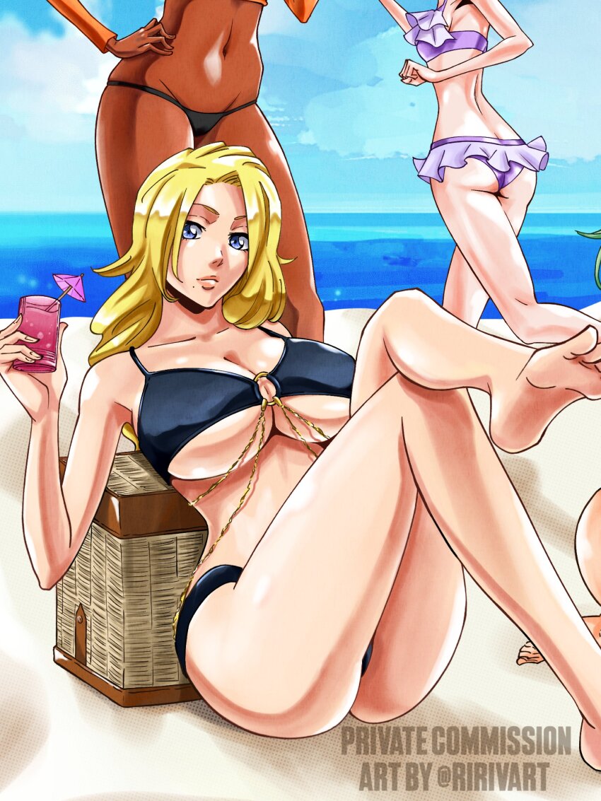 3girls absurdres artist_name ass beach bikini black_bikini bleach blonde_hair blue_eyes breasts cleavage commission crossed_legs drink female_focus groin hand_on_own_hip highres holding holding_drink kubo_tite_(style) kuchiki_rukia large_breasts legs_up long_hair looking_at_viewer matsumoto_rangiku mole mole_under_mouth multiple_girls navel outdoors ririvart sand shihouin_yoruichi shore sitting standing swimsuit thick_lips underboob