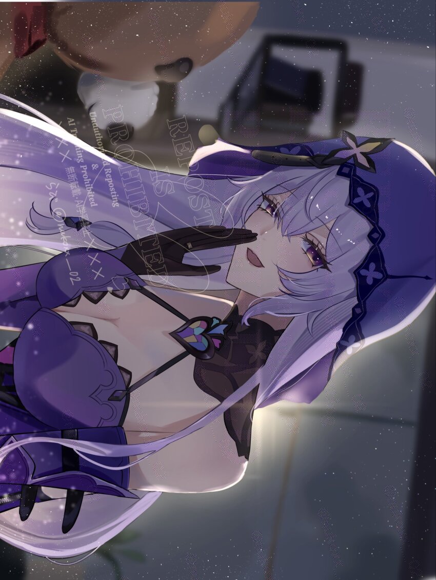 1girl black_gloves black_swan_(honkai:_star_rail) breasts cleavage commentary_request dress gloves highres honkai:_star_rail honkai_(series) large_breasts nukoxx_02 open_mouth purple_dress purple_hair purple_veil sideways smile solo veil watermark yellow_eyes