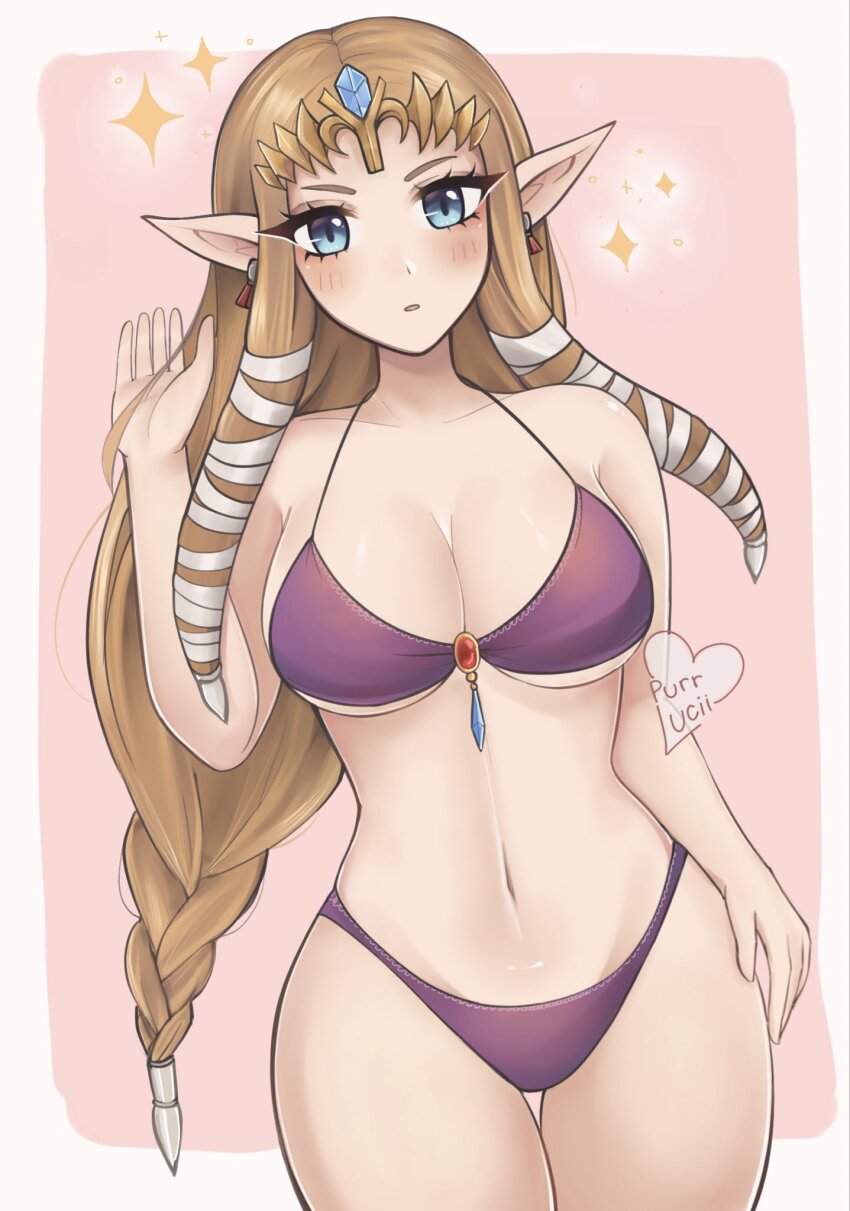 1girl alternate_costume arm_up artist_logo bikini blue_eyes blush border braid breasts brown_hair collarbone commentary earrings english_commentary hand_in_own_hair highres jewelry large_breasts logo long_hair looking_at_viewer luci_(purrlucii) navel nintendo open_mouth outside_border pink_background pointy_ears princess_zelda purple_bikini sidelocks solo sparkle standing swimsuit the_legend_of_zelda the_legend_of_zelda:_twilight_princess thighs tiara white_border