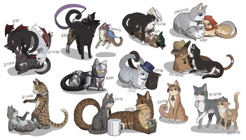 animal_focus animalization argus_(reverse:1999) ascot avgust_(reverse:1999) bat_wings black_cat black_hat boater_hat braces brown_cat brown_hat cabbie_hat cat checkered_hairband chinese_text coffee_mug cowboy_hat cup flutterpage glasses green_hat greta_hofmann grey_cat grey_hat hairband hat headscarf heterochromia highres holding holding_ribbon_baton holding_with_tail isolde_(reverse:1999) jar jewelry kakania_(reverse:1999) lucy_(reverse:1999) maid_headdress marcus_(reverse:1999) medicine_pocket ming_wei_wukong_de_mao mug necklace no_humans prehensile_tail red_headscarf reverse:1999 ribbon_baton robot_cat scar scar_across_eye scarf schneider_(reverse:1999) semmelweis_(reverse:1999) sonetto_(reverse:1999) tabby_cat tail tooth_fairy_(reverse:1999) tooth_necklace valentina_(reverse:1999) vertin_(reverse:1999) vila_(reverse:1999) white_ascot white_background white_hat white_scarf willow_(reverse:1999) windsong_(reverse:1999) wings witch_hat x_(reverse:1999) z_(reverse:1999)