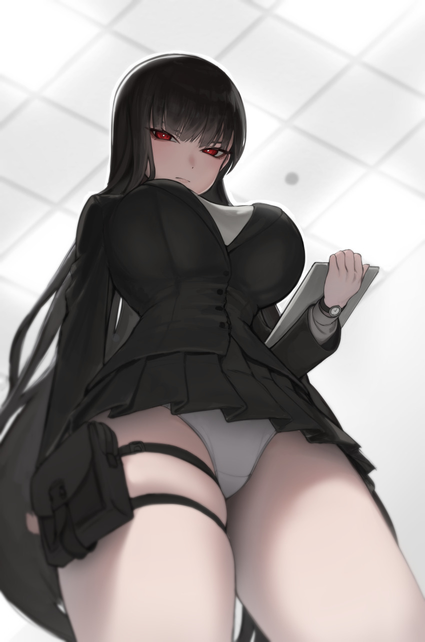 1girl absurdres apopo black_hair black_suit blue_archive blunt_bangs breasts formal_clothes from_below halo highres holding holding_tablet_pc holster holstered id_card large_breasts long_hair miniskirt panties pantyshot pleated_skirt pouch red_eyes rio_(blue_archive) skindentation skirt suit tablet_pc thigh_holster thigh_pouch thigh_strap underwear v-shaped_eyebrows watch white_panties wristwatch