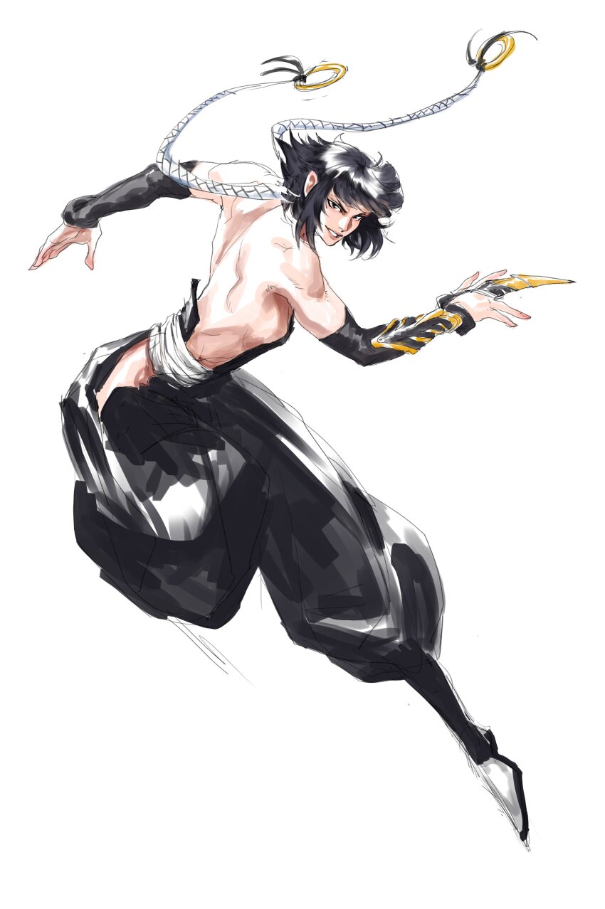 1girl bare_back black_hair bleach breasts commentary elbow_gloves english_commentary female_focus gloves highres looking_at_viewer medium_hair sideboob simple_background sketch small_breasts sui-feng suzumebachi_(shikai) virgoart white_background