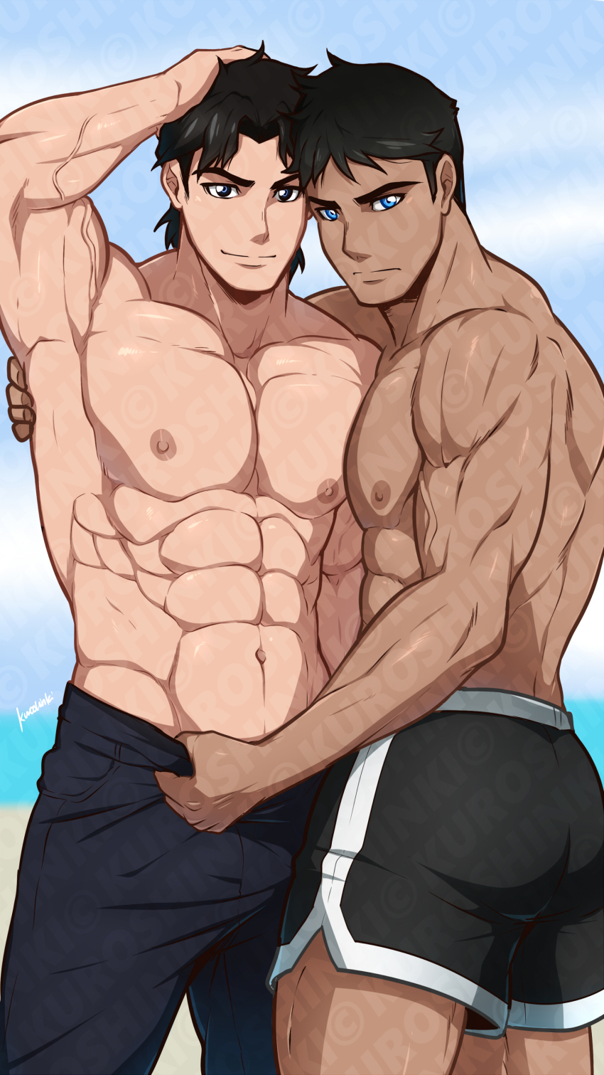 2boys abs absurdres armpits bara black_hair black_pants black_shorts blue_eyes closed_mouth dark-skinned_male dark_skin dc_comics dick_grayson highres kon-el kuroshinki large_pectorals looking_at_viewer male_focus multiple_boys muscular muscular_male navel nipples pants pectorals shorts smile superboy topless_male watermark young_justice