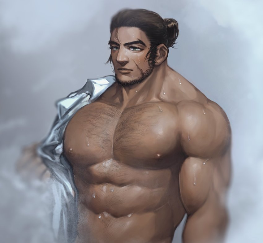 1boy abs bara bare_pectorals black_hair chest_hair dark-skinned_male dark_skin facial_hair facial_scar golden_kamuy hairy highres large_pectorals long_sideburns male_focus mature_male medium_hair muscular muscular_male navel navel_hair nipples open_clothes open_shirt pectorals rikimatsu_ariko scar scar_on_cheek scar_on_face shirt sideburns single_bare_shoulder siwan_yuan_(4oooomanyen) solo stomach stubble sweat thick_eyebrows wet white_shirt