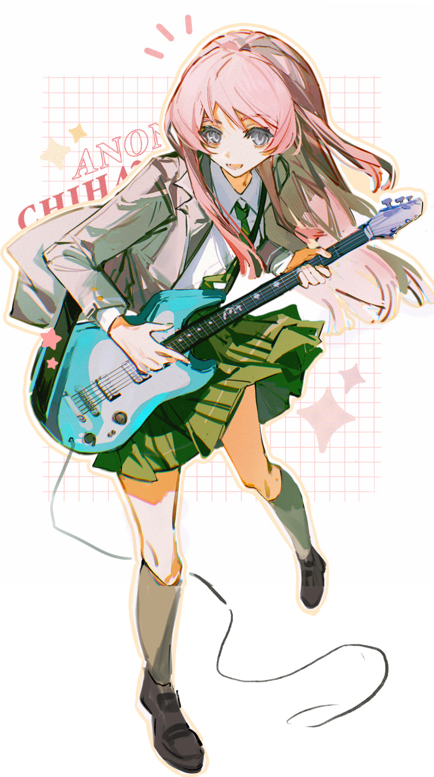 1girl bang_dream! bang_dream!_it&#039;s_mygo!!!!! blazer character_name chihaya_anon chinese_commentary collared_shirt commentary_request electric_guitar full_body green_necktie green_skirt grey_eyes grey_jacket guitar haneoka_school_uniform highres hikawayunn holding holding_guitar holding_instrument instrument jacket kneehighs long_hair long_sleeves looking_at_viewer music necktie open_mouth pink_hair playing_guitar playing_instrument pleated_skirt school_uniform shirt shoes sidelocks skirt smile socks solo standing white_shirt