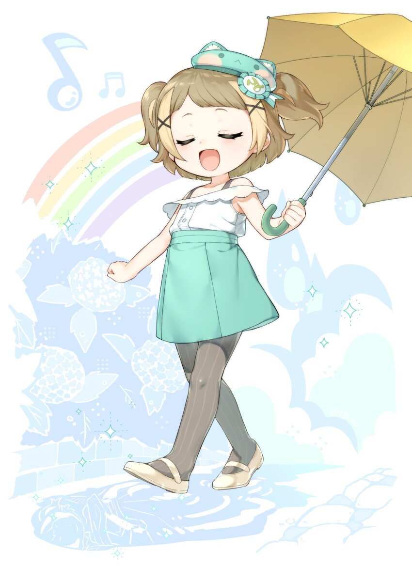 1girl animal_hat blonde_hair cat_hat child closed_eyes copyright_request flat_chest flower happy hat highres mary_janes musical_note off_shoulder open_mouth pantyhose pedopetton rainbow shoes skirt solo umbrella walking