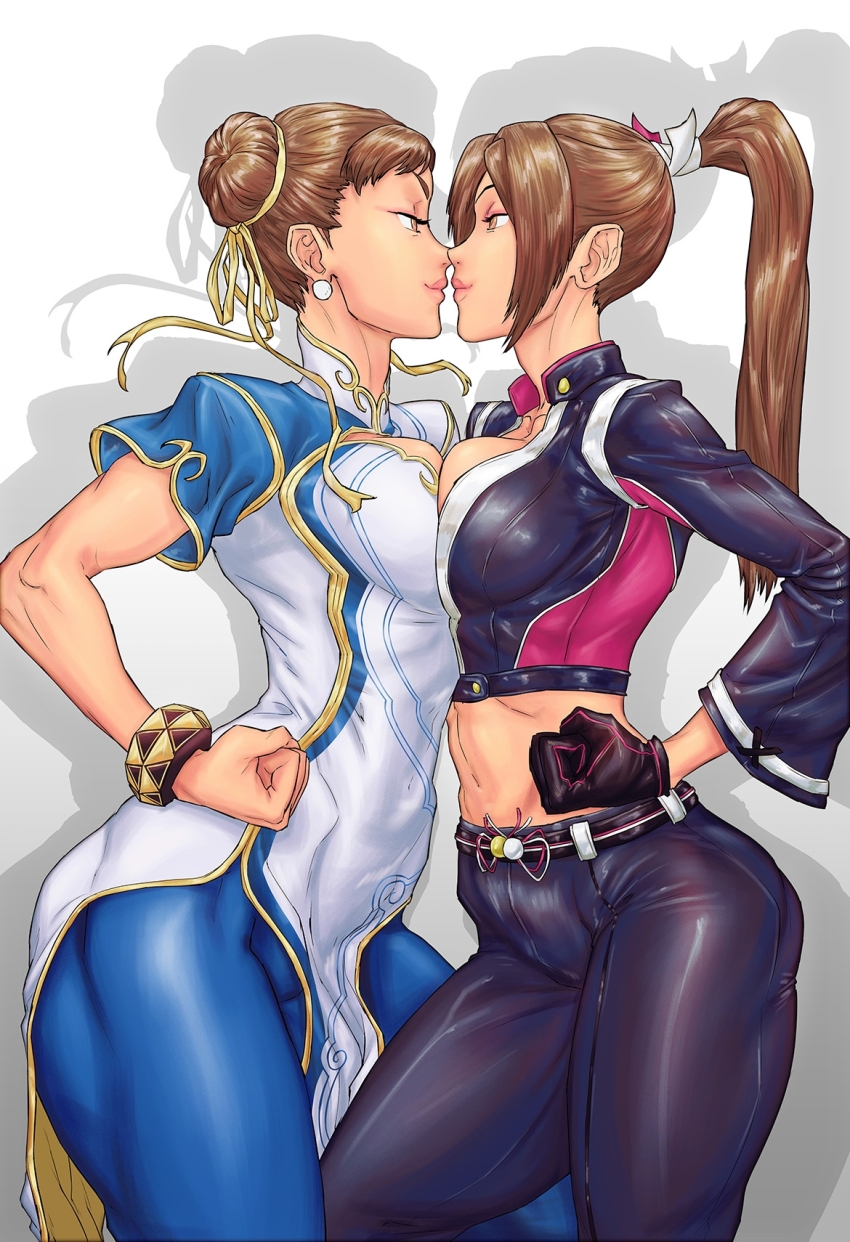 2girls akiman_pose arm_guards black_gloves black_jacket black_jumpsuit black_pants blush bracelet breast_contest breast_press breast_zipper breasts brown_eyes brown_hair capcom china_dress chinese_clothes chun-li cleavage closed_mouth commentary_request crop_top cropped_jacket crossover double_bun dress earrings eye_contact fatal_fury fatal_fury:_city_of_the_wolves from_side gloves hair_bun hair_pulled_back hair_ribbon happy high_ponytail highres jacket jewelry jumpsuit large_breasts leather leather_pants long_hair looking_at_another multiple_girls ninja noses_touching official_alternate_costume pants parody ponytail print_jacket ribbon rivalry sebastian_von_buchwald shiranui_mai short_hair short_sleeves sideboob simple_background smile snk spandex standing street_fighter street_fighter_6 symmetrical_docking thick_thighs thighs yellow_ribbon yuri