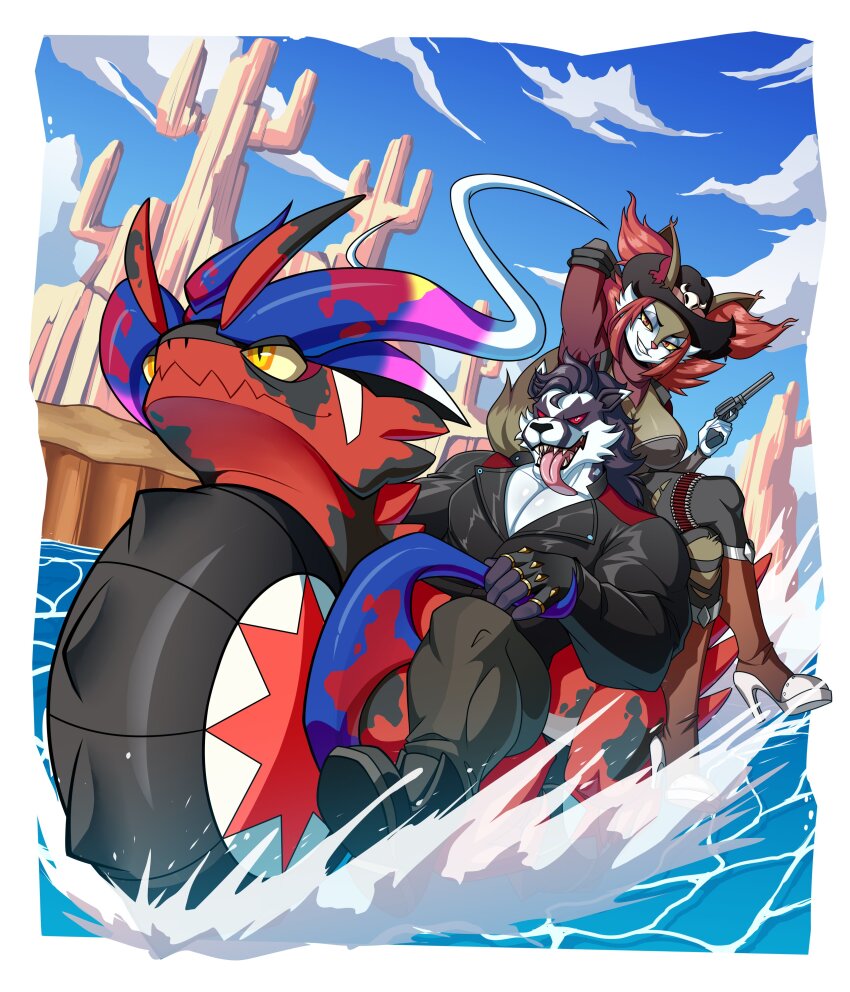 1boy 1girl absurdres black_footwear black_gloves black_hair black_jacket black_pants blue_sky boots border breasts brown_footwear brown_hair cleavage cloud colored_sclera creatures_(company) crossed_legs day delphox fingerless_gloves furry furry_female furry_male game_freak gen_6_pokemon gen_8_pokemon gloves gun handgun high_heel_boots high_heels highres holding holding_gun holding_weapon jacket koraidon large_breasts nintendo obstagoon original outdoors outside_border pants percodine pokemon pokemon_(creature) red_eyes revolver sharp_teeth sitting sky teeth tongue tongue_out water weapon white_border yellow_sclera