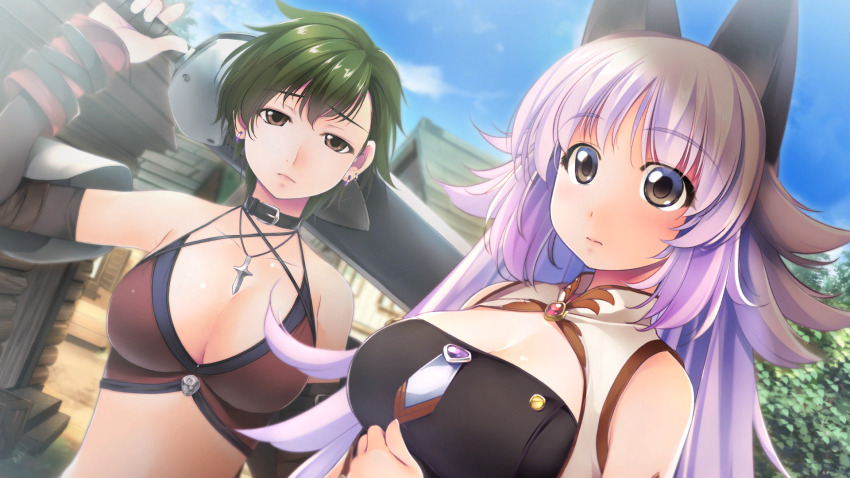 2girls animal_ears atelier-moo bare_shoulders bikini breasts brown_eyes closed_mouth collar collarbone detached_sleeves green_hair grey_eyes hair_between_eyes highres holding holding_sword holding_weapon jewelry large_breasts long_hair long_sideburns mana_(our_battle_has_just_begun!) multiple_girls necklace our_battle_has_just_begun! sad short_hair sideburns standing surprised swimsuit sword taylor_(our_battle_has_just_begun!) town upper_body weapon wide-eyed wolf_ears wolf_girl