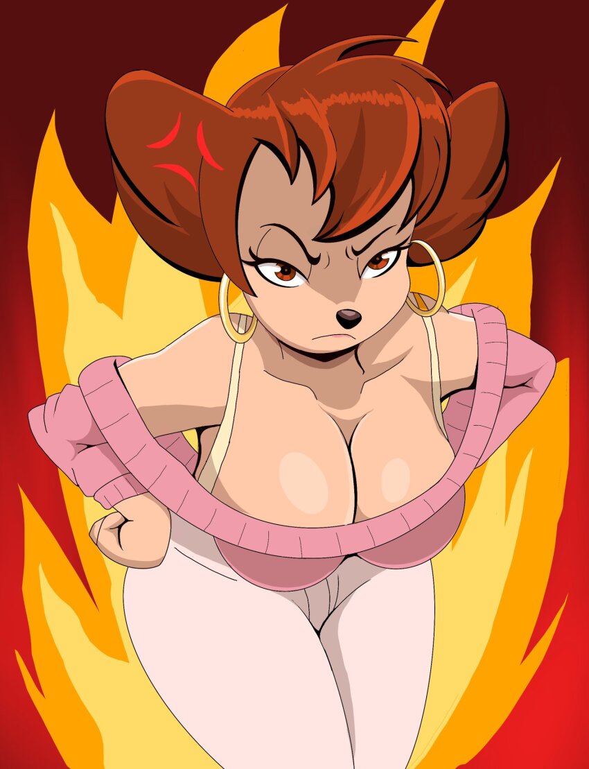 1girl 2024 2024s 2d_artwork angry bad_tag big_breasts breasts brown_eyes cleavage disney ear_piercing eyebrows eyelashes female female_focus fire frown frowning_at_viewer furry furry_female gold_ear_ring goof_troop hands_on_own_hips highres mature_anthro mature_female narrowed_eyes peg_pete piercing ring_piercing snout solo zebra10045