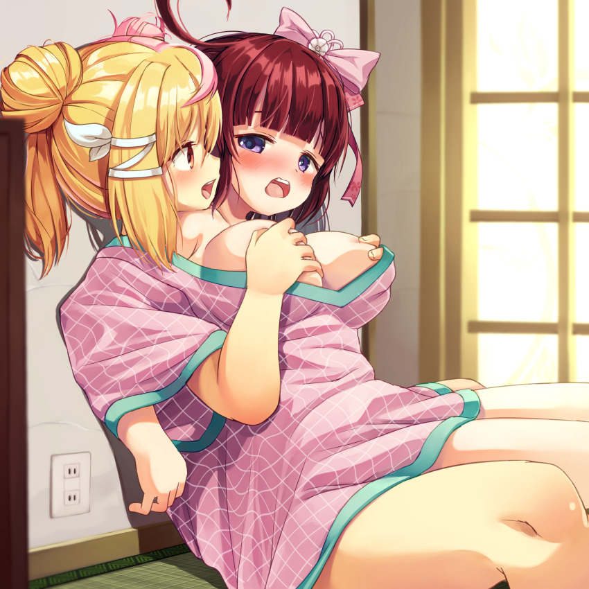 2girls absurdres ahoge blonde_hair blush bow breasts grabbing_another&#039;s_breast groping hair_bow highres large_breasts looking_at_another multicolored_hair multiple_girls naked_shirt open_mouth original pink_hair purple_eyes red_hair shared_shirt shirt smile streaked_hair thighs wanashi_tam yuri