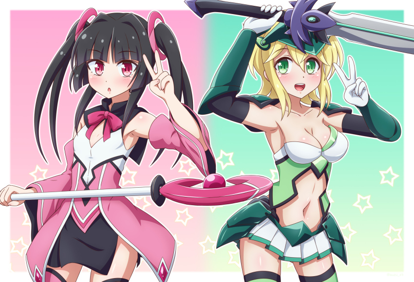 2girls akatsuki_kirika black_hair blonde_hair blush breasts cleavage collarbone elbow_gloves gloves green_background green_eyes highres holding holding_staff holding_sword holding_weapon large_breasts long_hair looking_at_viewer microskirt multiple_girls navel open_mouth pink_background red_eyes senki_zesshou_symphogear short_hair simple_background skirt small_breasts smile staff sword thighhighs tsukuyomi_shirabe twintails v weapon yosuzu