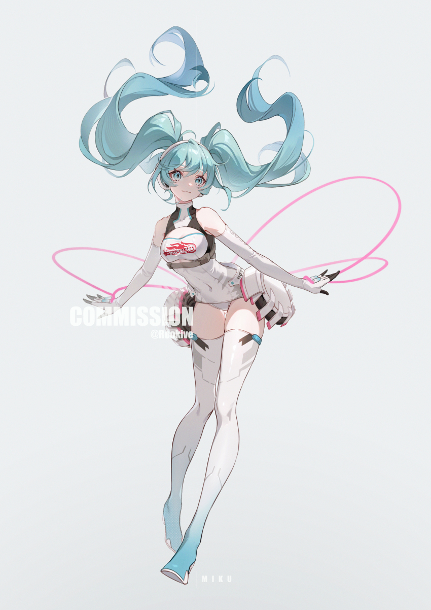 1girl absurdres aqua_eyes aqua_footwear aqua_hair bare_shoulders blue_hair boots character_name cleavage_cutout closed_mouth clothing_cutout commission covered_navel elbow_gloves english_text floating_hair gloves gradient_footwear gradient_hair grey_background hair_between_eyes hatsune_miku heattech_leotard highres leotard long_hair multicolored_hair racing_miku racing_miku_(2014) rookive simple_background skindentation solo thigh_boots turtleneck twitter_username vocaloid white_footwear white_gloves white_leotard