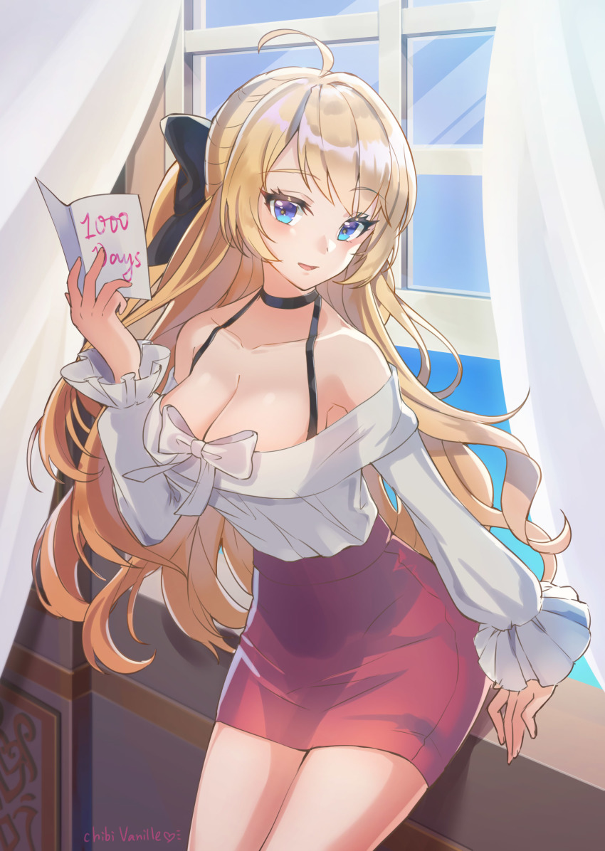 1girl absurdres ahoge artemia_(king&#039;s_raid) artist_name blonde_hair blue_eyes bow breasts chibi_vanille choker cleavage collarbone curtains day female_focus hair_bow halterneck hand_up high-waist_skirt highres holding indoors king&#039;s_raid large_breasts long_hair long_sleeves looking_at_viewer miniskirt off-shoulder_shirt off_shoulder parted_lips pencil_skirt pink_skirt shirt skirt smile solo thighs very_long_hair white_bow white_shirt window