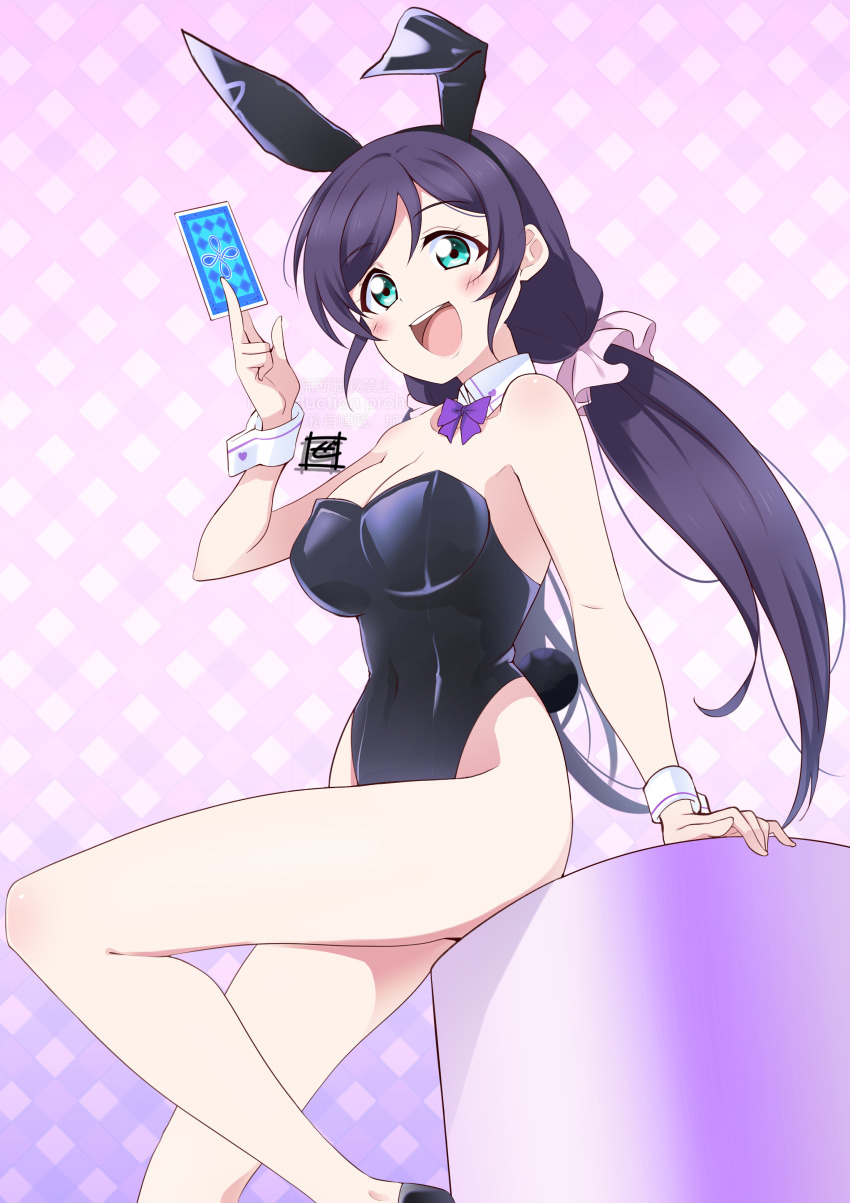 1girl absurdres animal_ears artist_logo bare_legs black_leotard bow bowtie breasts card cleavage detached_collar fake_animal_ears feet_out_of_frame green_eyes highres large_breasts leotard logo long_hair love_live! love_live!_school_idol_project low_twintails open_mouth pink_background pink_scrunchie playboy_bunny playing_card polka_dot polka_dot_background purple_bow purple_bowtie purple_hair rabbit_ears rabbit_tail round_teeth scrunchie smile solo strapless strapless_leotard tail teeth tojo_nozomi twintails upper_teeth_only wrist_cuffs zero-theme