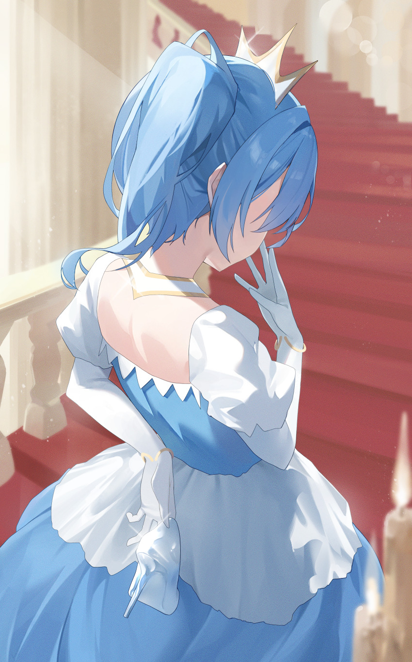 1girl absurdres arm_behind_back back bibideba_(hololive) blue_hair commentary dress facing_away glass_slipper gloves high_ponytail highres holding holding_shoes hololive hoshimachi_suisei lens_flare nel_dcm ponytail shoes solo stairs tiara virtual_youtuber white_gloves