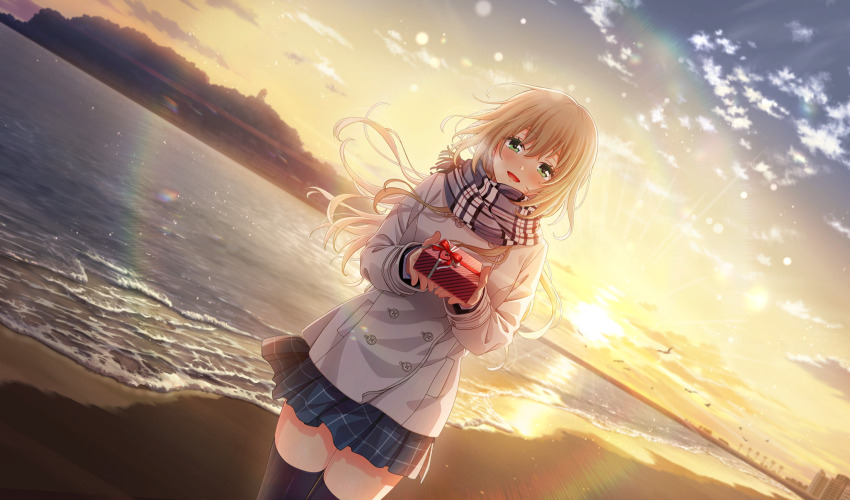 beach bird black_thighhighs blonde_hair blurry blush box breath cinderella_series cloud coat cowboy_shot depth_of_field duffel_coat dutch_angle game_cg gift gift_box green_eyes grey_skirt hachigatsu_no_cinderella_nine highres holding holding_gift horizon incoming_gift lens_flare light_particles long_hair long_sleeves looking_at_viewer miniskirt non-web_source nozaki_yuuki ocean official_art open_mouth plaid_clothes plaid_scarf plaid_skirt pleated_skirt scarf school_uniform seagull skirt sky standing sunrise thighhighs valentine white_coat