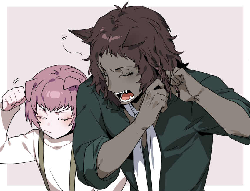 2boys :/ animal_ears arm_up basilio_(metaphor:_refantazio) black_shirt blush border braid braiding_hair brothers brown_hair clenched_hand closed_eyes closed_mouth commentary_request dark-skinned_male dark_skin fangs fidelio_(metaphor:_refantazio) folded_ear hairdressing highres long_sleeves male_focus medium_hair metaphor:_refantazio mgmgdes61 multiple_boys open_mouth outside_border pink_hair scarf shirt siblings side_braid sleeves_rolled_up squeans teeth tongue turtleneck upper_body white_border white_scarf white_shirt yawning