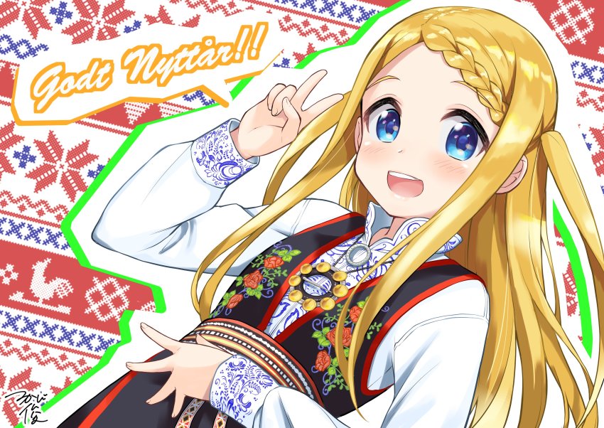 absurdres artist_name blonde_hair blue_eyes bunad european_clothes happy_new_year highres new_year norwegian_text smile solo tsukaji_shun v