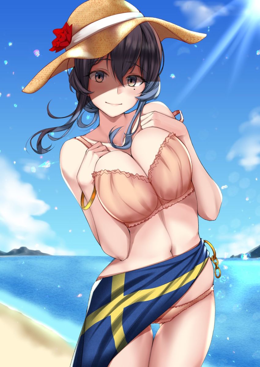 1girl bangle beach bikini blue_eyes blue_hair blue_sky blush bracelet breasts brown_bikini cleavage closed_mouth cloud commentary_request cowboy_shot day flag_print floating_hair flower gluteal_fold gotland_(kancolle) gotland_andra_(2021_swimsuit_mode)_(kancolle) gotland_andra_(kancolle) hair_between_eyes hair_bun hand_on_own_chest hands_up hat highres horizon jewelry kantai_collection kuurunaitsu large_breasts leaning_to_the_side long_hair looking_at_viewer mole mole_under_eye navel ocean outdoors red_flower sarong shade sidelocks single_hair_bun sky smile solo strap_slip straw_hat sun_hat swedish_flag swimsuit thigh_gap