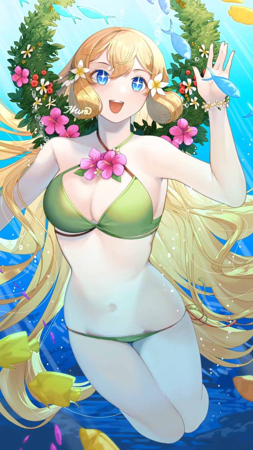 1girl bikini blonde_hair blue_eyes breasts cleavage fire_emblem fire_emblem_heroes fish flounder flower grass green_bikini head_wreath highres ikura_(downdexp) large_breasts long_hair navel nintendo official_alternate_costume smile solo sparkling_eyes swimsuit underwater water wreath ymir_(fire_emblem_heroes) ymir_(summer)_(fire_emblem_heroes)