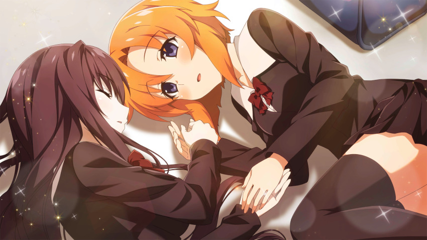 2girls black_thighhighs blue_eyes blush breasts brown_hair character_name copyright_name crossover highres higurashi_no_naku_koro_ni higurashi_no_naku_koro_ni_mei holding_hands katsura_kotonoha long_hair long_sleeves looking_at_another lying multiple_girls non-web_source official_art on_side open_mouth orange_hair parted_lips pleated_skirt ryuuguu_rena school_days school_uniform short_hair skirt swept_bangs thighhighs yuri zettai_ryouiki