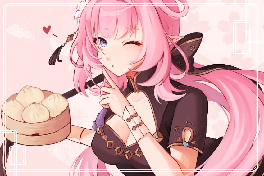 1girl alternate_costume black_dress blue_eyes breasts cleavage dress dumpling elf elysia_(honkai_impact) food hair_ornament heart highres holding holding_food honkai_(series) honkai_impact_3rd long_hair looking_at_viewer mofumanju one_eye_closed pink_background pink_hair pointy_ears solo upper_body