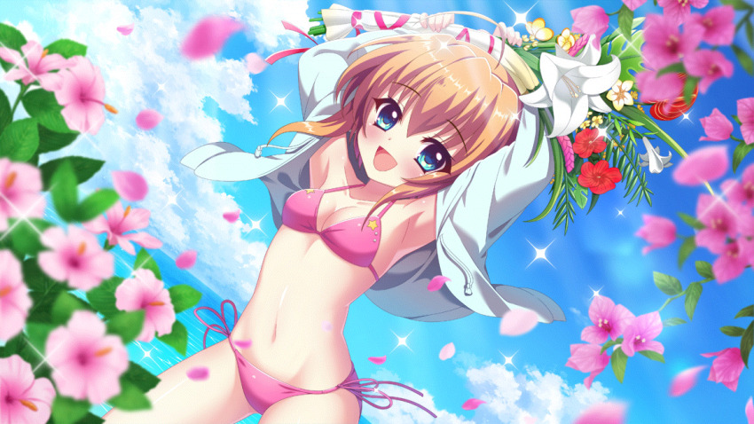 1girl :d ahoge armpits arms_up bikini blue_eyes blue_sky blurry blurry_foreground bouquet breasts cleavage cloud collarbone cowboy_shot day dot_nose drawstring dutch_angle falling_petals film_grain flower flower_request game_cg hibiscus holding holding_bouquet horizon izumi_tsubasu jacket looking_at_viewer navel non-web_source official_art open_clothes open_jacket open_mouth orange_hair outdoors petals pink_bikini pink_flower pink_petals purple_flower re:stage! red_flower shikimiya_mana short_hair side-tie_bikini_bottom sidelocks sky small_breasts smile solo sparkle star_(symbol) string_bikini swimsuit water white_flower white_jacket yellow_flower