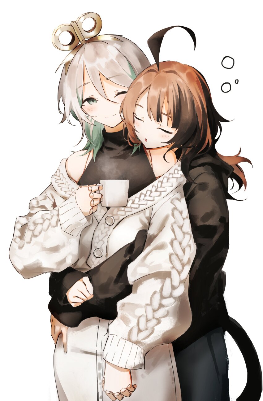 2girls absurdres ahoge alternate_costume black_hood black_pants brown_hair cecilia_immergreen closed_eyes coffee_mug cup doll_joints gigi_murin green_hair grey_hair grey_sweater highres holding holding_cup hololive hololive_english hug hug_from_behind joints kyoko_(zeprii4) mug multicolored_hair multiple_girls one_eye_closed open_mouth pants short_hair short_twintails streaked_hair sweater twintails two-tone_hair virtual_youtuber white_pants winding_key