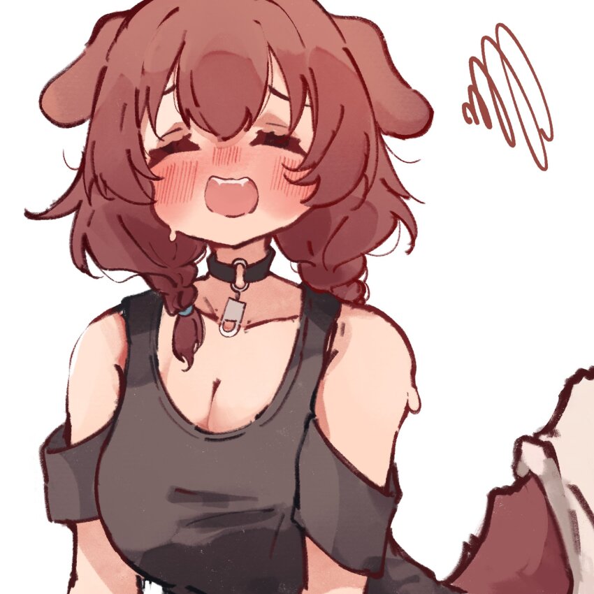 1girl animal_ears arm_support black_choker black_shirt blush blush_stickers braid breasts brown_eyes brown_hair choker cleavage closed_eyes clothing_cutout dog_ears dog_girl dog_tail double-parted_bangs extra_ears fangs hair_between_eyes highres hololive inugami_korone inugami_korone_(loungewear) jewelry large_breasts long_hair low_twin_braids low_twintails o-ring o-ring_choker official_alternate_costume pendant shirt shoulder_cutout solo t-shirt tail twin_braids twintails virtual_youtuber whcamellia00 wiping_sweat yubi_yubi_(inugami_korone)