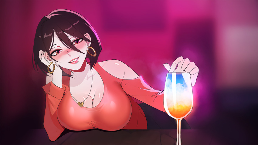 bare_shoulders biting_own_lip blush bob_cut breasts brown_eyes brown_hair drink earrings glass highres horny_capybara jewelry large_breasts leaning_to_the_side looking_at_viewer original pale_skin sexually_suggestive touching_glass tropical_drink