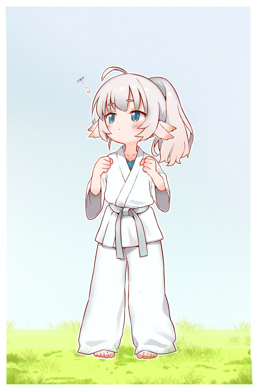 1girl absurdres ahoge animal_ears arms_up barefoot belt border clenched_hand closed_mouth commentary_request dot_nose dougi full_body highres kuma-bound martial_arts_belt on_grass original outdoors pants raised_eyebrows short_eyebrows solo squeans standing toes white_belt white_border white_hair white_pants