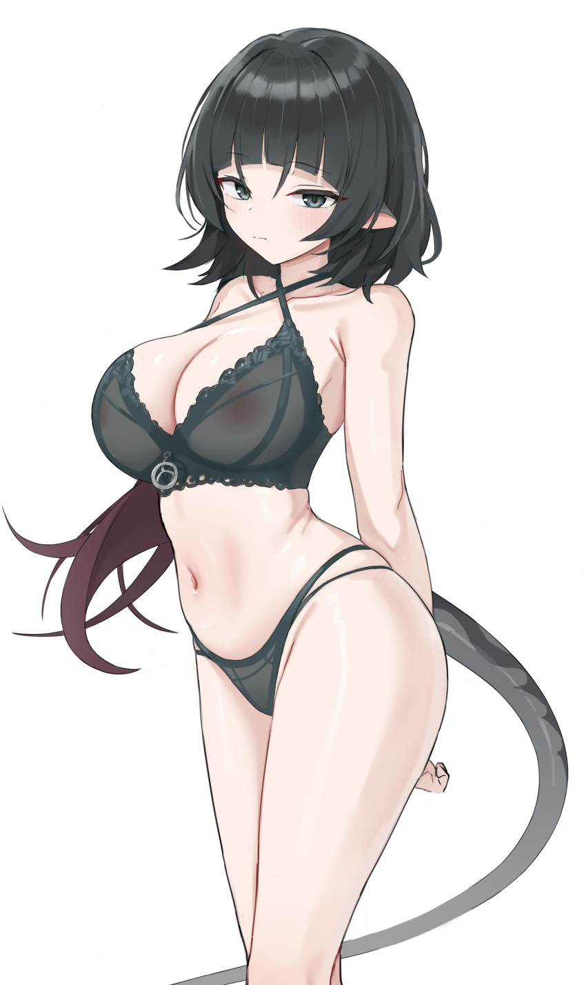 1girl absurdres animal_ears black_bra black_hair black_panties blush bra breasts cleavage commentary commission cutoffs grey_eyes highres jane_doe_(zenless_zone_zero) large_breasts long_hair looking_at_viewer low_ponytail mouse_ears mouse_girl mouse_tail navel panties pixiv_commission shengtian short_shorts shorts smile solo stomach tail thighs underwear underwear_only zenless_zone_zero