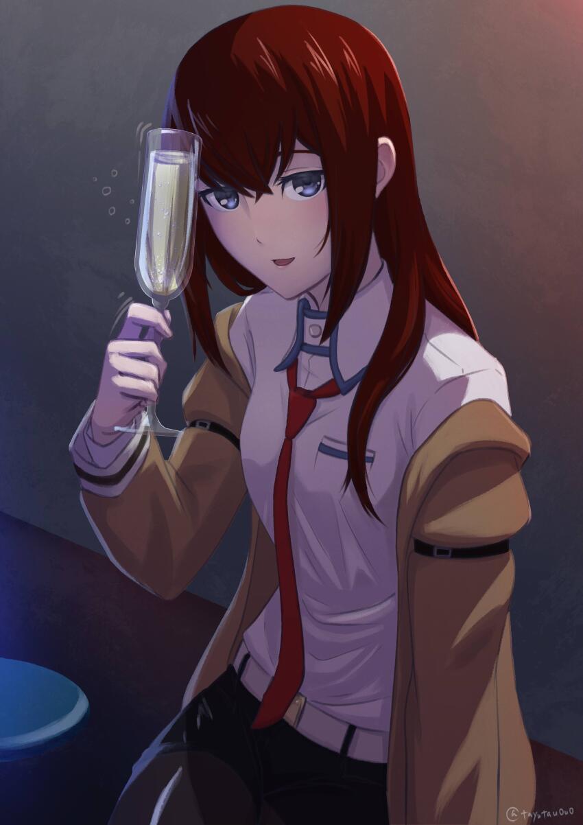 1girl absurdres alcohol arm_strap backlighting belt black_pantyhose blue_eyes breast_pocket breasts brown_jacket brown_shorts champagne collared_shirt crossed_bangs cup drinking_glass hair_between_eyes hand_up highres holding holding_cup jacket long_hair looking_at_viewer looking_to_the_side makise_kurisu necktie off_shoulder open_mouth pantyhose pocket red_hair red_necktie shirt short_shorts shorts sitting small_breasts solo steins;gate tayutau0a0 toasting_(gesture) white_belt white_shirt wine_glass