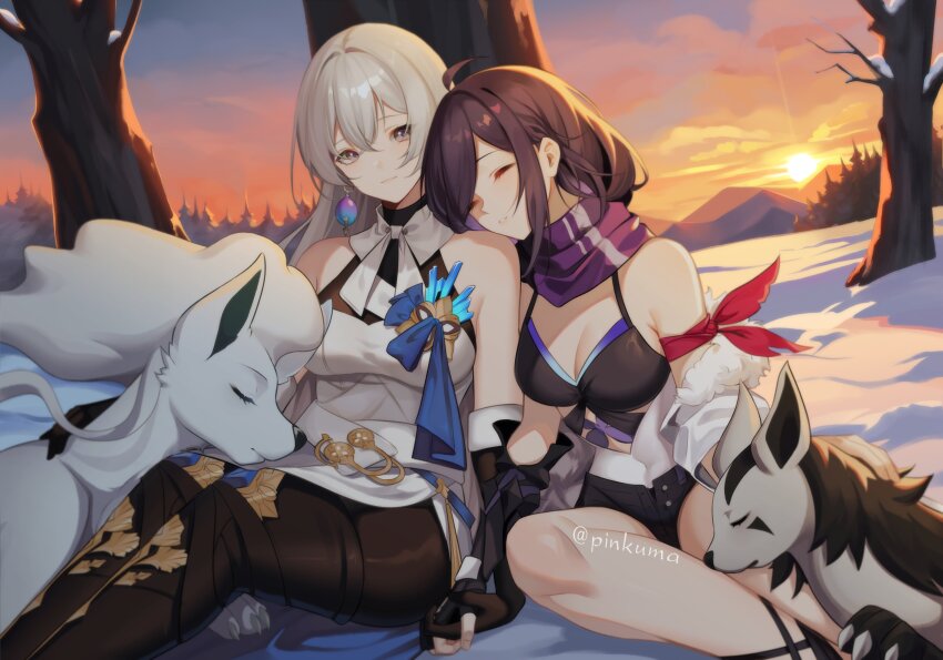 2girls ^_^ absurdres ahoge bare_shoulders black_gloves black_pantyhose breasts bronya_zaychik character_request cleavage closed_eyes commentary creatures_(company) dress earrings english_commentary game_freak gen_3_pokemon gloves grey_eyes grey_hair highres holding_hands honkai:_star_rail honkai_(series) jewelry large_breasts long_hair looking_at_viewer mightyena multiple_girls nintendo outdoors pantyhose parted_lips pinkuma pokemon pokemon_(creature) purple_hair purple_scarf scarf seele_(honkai:_star_rail) sleeping sleeveless sleeveless_dress smile snow sunset white_dress yuri