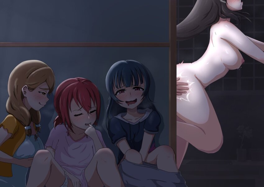 1boy 4girls ass_smack biting biting_own_thumb black_hair blue_hair blush breasts brown_hair closed_eyes clothes_pull completely_nude dark_blue_hair drooling female_masturbation grabbing_own_breast hair_ornament hairclip heavy_breathing kunikida_hanamaru kurosawa_dia kurosawa_ruby large_breasts love_live! love_live!_sunshine!! masturbation medium_breasts mole mole_under_mouth multiple_girls nipples nude open_mouth panties pants pants_pull pink_eyes pink_shirt red_hair sex sex_from_behind shirt smile tsushima_yoshiko underwear voyeurism wada_something white_panties yellow_eyes