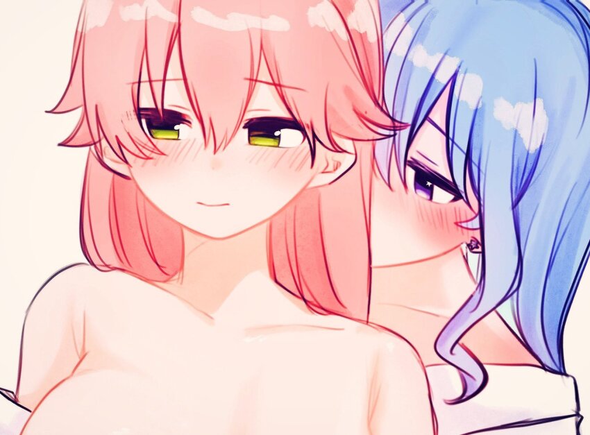 2girls blue_hair blush breasts closed_mouth commentary earrings green_eyes hololive hoshimachi_suisei jewelry large_breasts long_hair multiple_girls pink_hair purple_eyes sakura_miko simple_background star_(symbol) star_in_eye symbol-only_commentary symbol_in_eye upper_body virtual_youtuber yellow_background yumi5469 yuri