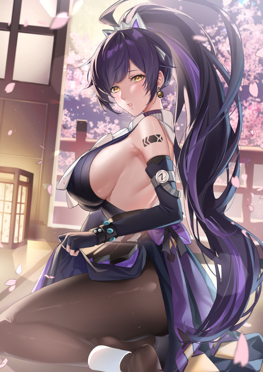 1girl blurry blurry_background breasts cain_art811 cherry_blossoms clothes_lift dress dress_lift earrings elbow_gloves fingerless_gloves gloves highres indoors jewelry large_breasts long_hair looking_at_viewer multicolored_hair no_bra no_shoes pantyhose pony_(animal) saki_fuwa_(tower_of_fantasy) shoulder_tattoo sideboob sitting tattoo tower_of_fantasy yellow_eyes