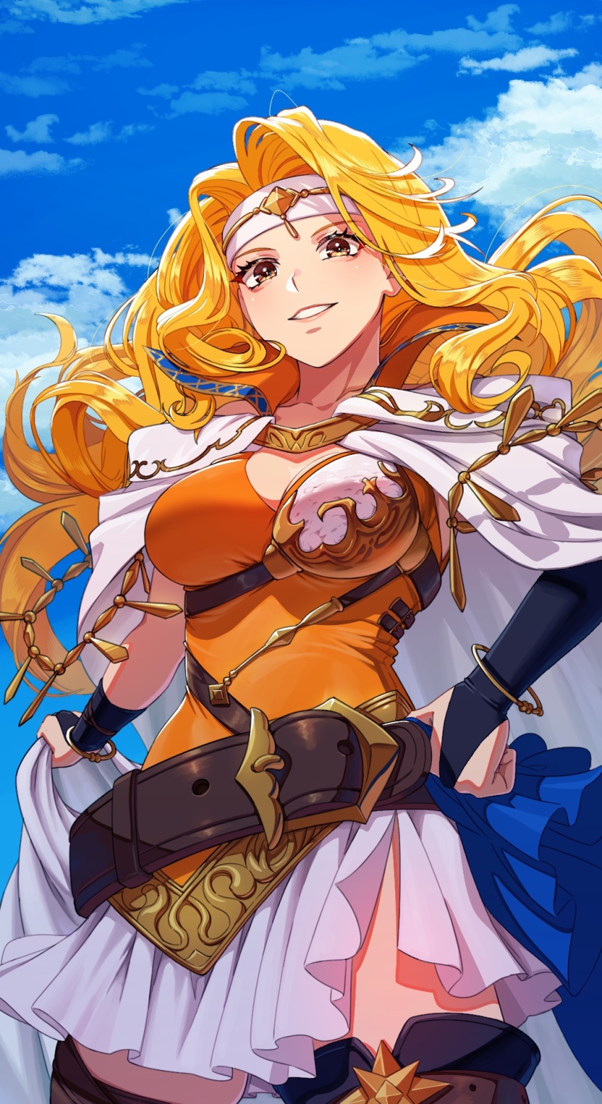 1girl aduti_momoyama blonde_hair breasts brigid_(fire_emblem) capelet fingerless_gloves fire_emblem fire_emblem:_genealogy_of_the_holy_war fire_emblem_heroes gloves grin headband highres large_breasts long_hair looking_at_viewer nintendo orange_shirt shirt skirt sleeveless sleeveless_shirt smile solo white_capelet white_headband white_skirt yellow_eyes